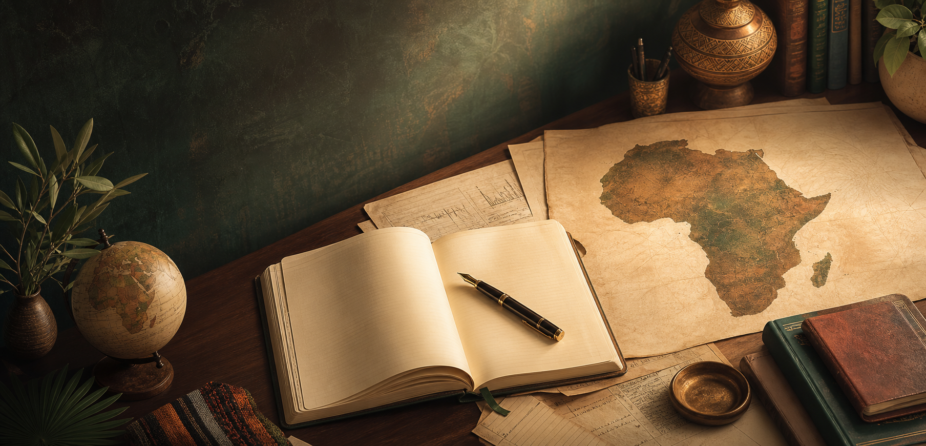 A research desk with a book, pen, and map of Africa