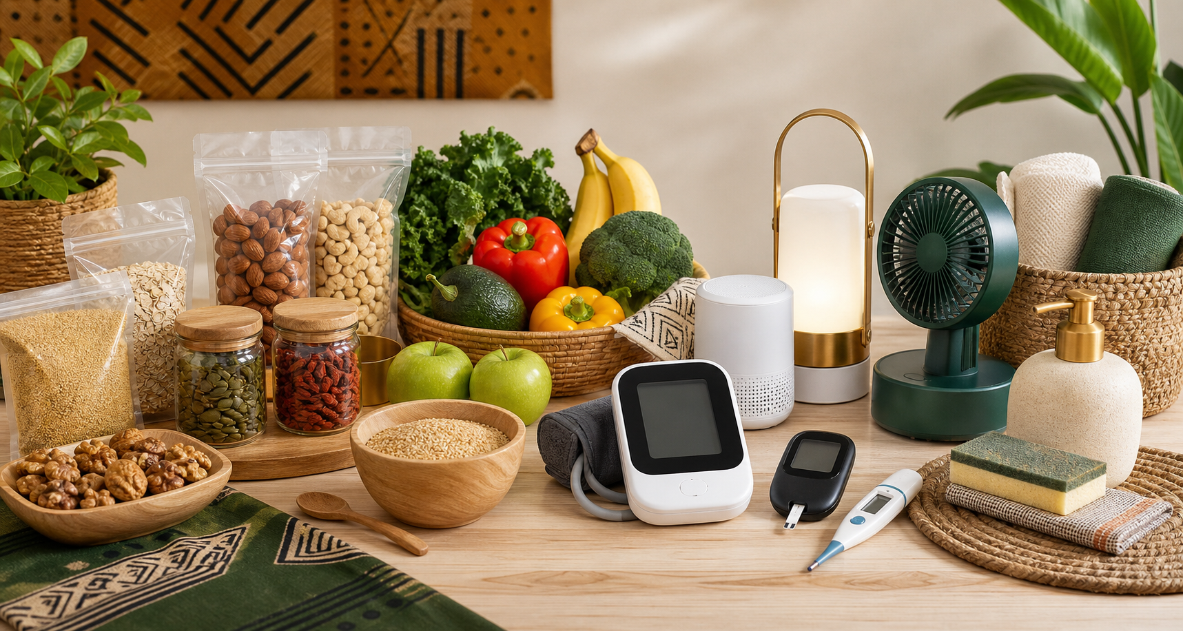 Healthy foods, basic medical devices, electronics, and household essentials arranged on a tabletop
